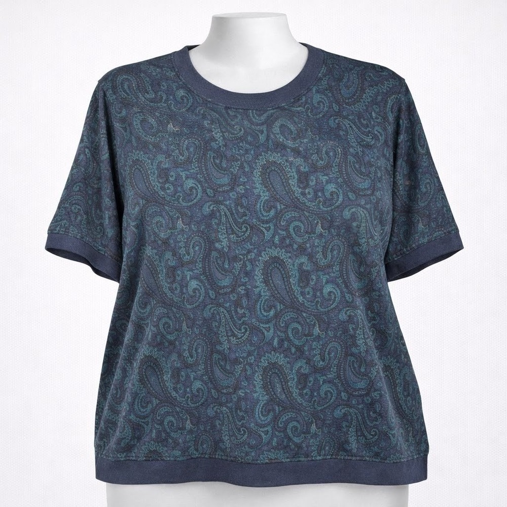 Vintage Eccobay 90s Paisley Short Sleeve T Shirt Sz XL Blue Green Cottage Granny